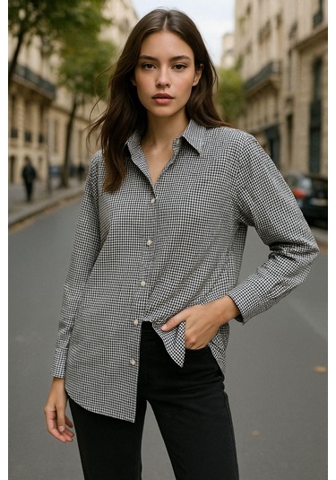 Kadın Siyah Beyaz Kareli Oversize Gömlek Relaxed Over Fit Ekoseli Gömlek Çok Renkli
