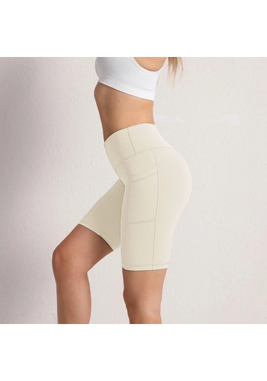 Beş Puan Spor Şort Kadın Yan Cebi Kalça Dar Ve Elastik Koşu Spor Sıcak Pantolon Yüksek Bel Yoga Şort Beyaz - Gri