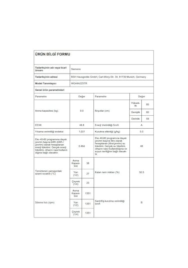 Siemens WG44A2Z0TR 1400 Devir 9 KG Çamaşır Makinesi