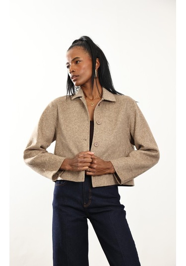 Vizon Gömlek Yaka Kısa Yün Ceket VIZON