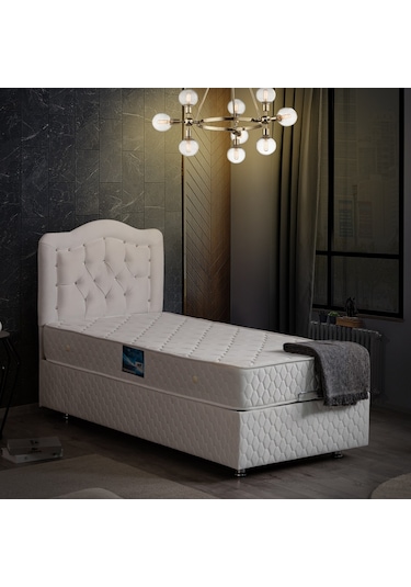 Setaymobilya Baza, Şah Beyaz Tek Kişilik Baza + Başlık + Deluxe Yatak