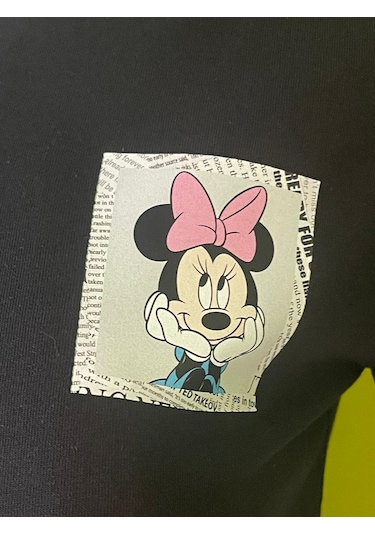 %100 Pamuk Basik Bisiklet Yaka Örme Mickey Mause Minny Mause T-shirt Siyah