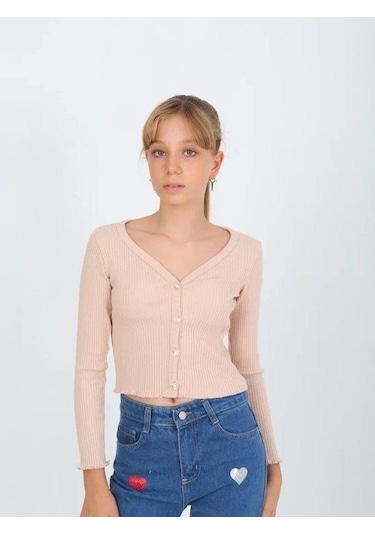 Kız Çocuk Kaşkorse Taşlı Düğmeli Hırka-14807 Bej