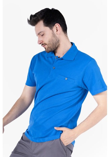 T-shirt %100 Pamuk Polo Yaka Fleto Cepli %100 Pamuk Saks Mavi