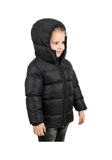 Kız Çocuk Siyah Içi Polarlı Kapüşonlu Su Geçirmez Rüzgara Dayanıklı Şişme Kışlık Mont & Kaban Siyah