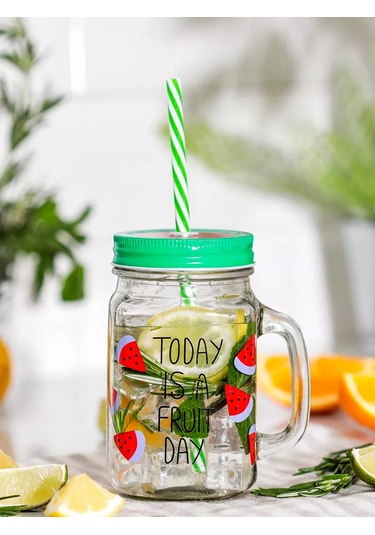 Dolana Kapaklı Ve Pipetli Kupa 450 Ml "mutlu Gün" Mix 140108128 Yeşil