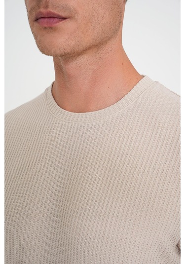 Comfort Fit Bisiklet Yaka Fitilli Kısa Kol Bej Tişört Ts 912 Bej