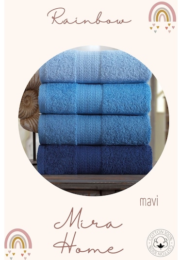 4 Lü El Yüz Havlu Seti %100 Pamuklu 50x85 Cm Rainbow Mavi