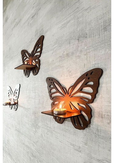 Dekoratif Ceviz Kelebek Duvar Rafı 3 Lü Set 25 Cm Duvar Mumluğu - Mumluk Raf - Ahşap Desenli Siyah