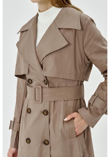 Pastelastore Esnek Pamuk Gabardin Midi 95cm Astarsız Kadın Trençkot 1118 Vizon
