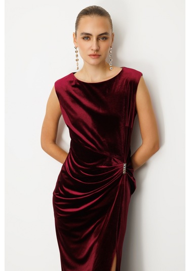 Ekol Kadın Beli Büzgülü Maxi Kadife Elbise 4141 Bordo Bordo