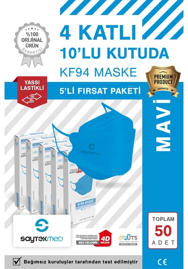 Kf94 Kore Tipi, 4 Katlı, Mavi Maske, Uv Steril 5 Kutu/ 50 Adet