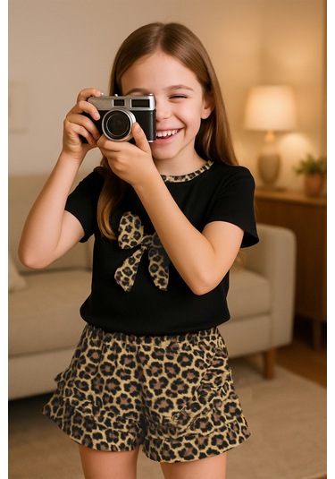 Kız Çocuk Şort Etek Takım Leopar Baskılı Fırfırlı B1 Siyah