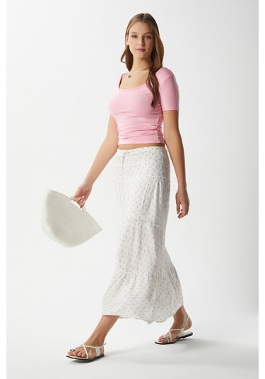 Kadın Rebekka Çiçekli Pudra Astarlı Uzun Etek Beyazpudra Beyaz - Pudra