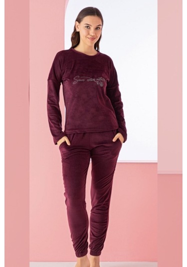 Luxury Velvet Fransız Kadife Yazı Detaylı Pijama Takımı Mürdüm