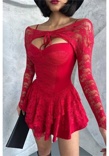 Kadın Bolero Detaylı Güpür Prenses Elbise Dpnbdf107 Kırmızı