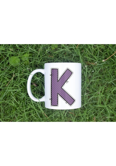 K Harfi Mor Puantiyeli Kupa Bardak - Polka Dot Tasarım Kahve Çay Bardak - Kişiye Özel Hediyelik Beyaz