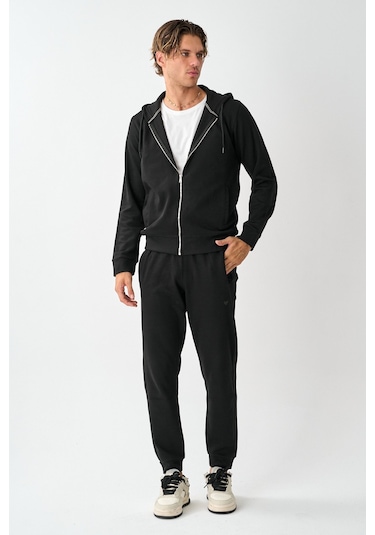 Dechers Tech Fleece Double Face Kapüşonlu Erkek Eşofman Takım E213-1 Siyah