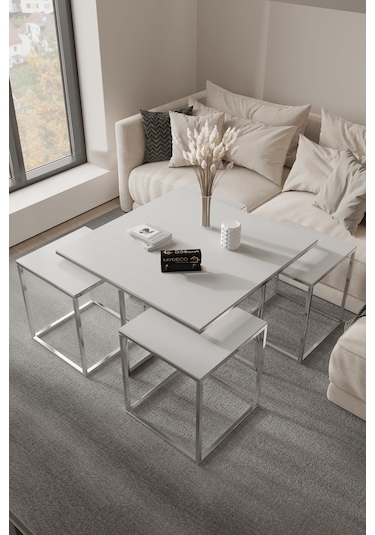 4+1 Gümüş Kaplama Beyaz 10 Mm Glossmax Parlak Mdf Orta Sehpa