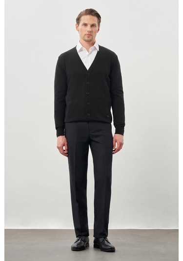 Siyah Uzun Kol Örme V Yaka Comfort Fit Rahat Kesim Klasik Triko Siyah