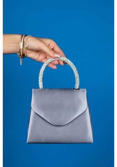 Luvishoes Monako Gri Saten Taşlı Kadın El Çantası Gri