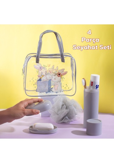 Porsima 3145 Tavşan Figürlü Seyahat Seti - Diş Fırçası Kutusu Banyo Lifi Sabun Kutusu Gri Gri