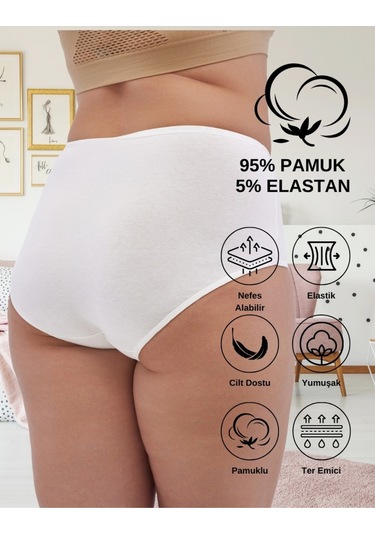 Kadın Büyük Beden Külot Battal Full Brief, Yüksek Bel 5xl, 6xl, 7xl 5 Farklı Renk 1 Pakette Siyah-Beyaz-Ten