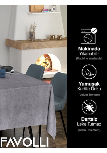 Kadife Dokulu Gri Renk Masa Örtüsü Gri