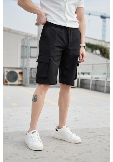 Siyah Renk Kargo Cepli Paraşüt Kumaş Erkek Şort-1555 Siyah