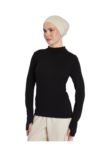 Kadın Organik Parmak Geçmeli Balıkçı Yakalı Body Siyah