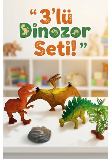 3'lü Gerçekçi Dinozor Figür Seti - Ağaç Ve Kaya Aksesuarlı Eğitici Oyuncak Hayvanlar Hayvanlar