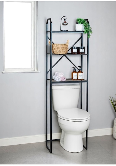 Metal Ayaklı 3 Raflı Banyo Rafı Klozet Üstü Dekoratif Raf Siyah