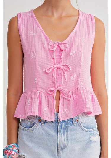 4724 Kadın Çicek Desenli Bağlamalı Müslin Bluz Pembe Pembe