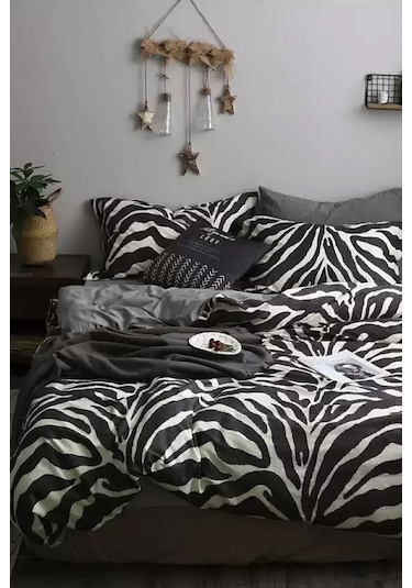 İqon Lastikli Çarşaflı Nevresim Takımı Tek Kişilik Zebra Siyah Beyaz