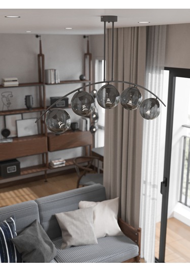 Lal Modern Siyah 5 Li Füme Cam Küre Avize Yay Formlu