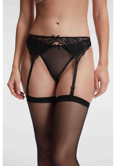 Arias Closet Dantelli Jartiyer String Ve Çorap 3lü Takım Siyah