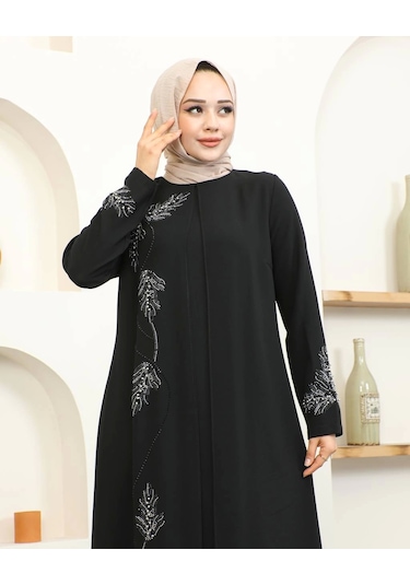 Büyük Beden Taş Detaylı Anne Elbisesi - Siyah / E0129 Siyah