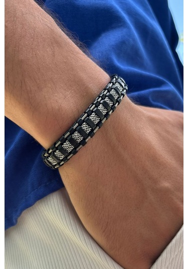 Şık Damalı Desen El İşçiliği İle Üretilmiş Hakiki Deri Erkek Bileklik Siyah - Beyaz