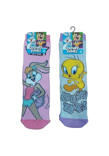 2'li Looney Tunes Tabanı Kaydırmaz Kışlık Havlu Çocuk Çorap-pembe-gri