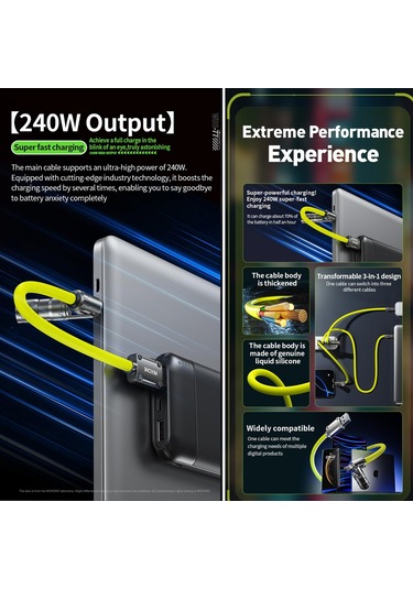 Wk Wdc-77 Convertible 3 İn 1 240w Ultra Hızlı Şarj Gerçek Silikon Veri Kablosu, Arayüz: 1'de 6 Gri