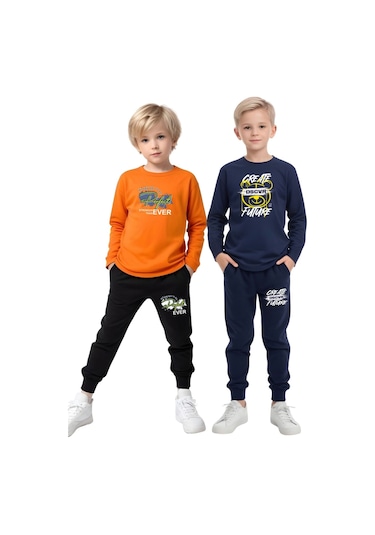 2li Erkek Çocuk Baskılı Sıfır Yaka Mevslimlik Alt-üst Takım Turuncu - Lacivert