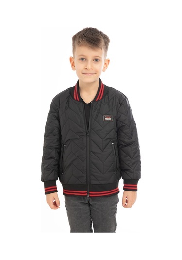 Erkek Çocuk Siyah Kolej Yaka İçi Astarlı Su Ve Rüzgar Geçirmez Fermuarlı Cep Mont Siyah