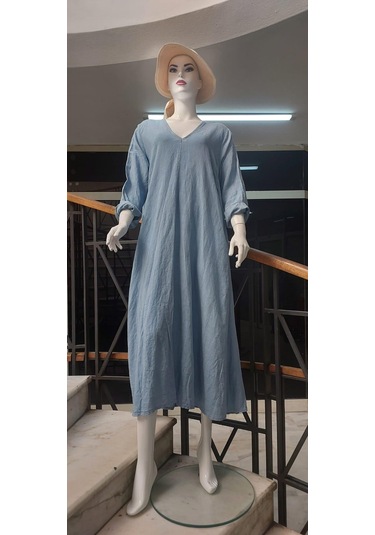 İtalyan V Yaka Uzun Kol Keten Elbise-8907 Kot Mavisi Mavi