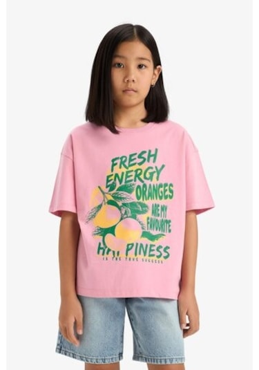 DeFacto Kız Çocuk Oversize Geniş Kalıp Bisiklet Yaka Baskılı Kısa Kollu Tişört E0386A825SMPN666 Pembe