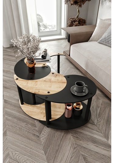 Yin Yang Unıty Serenıty Orta Sehpa 4 Lü Siyah Meşe 70 Cm Meşe