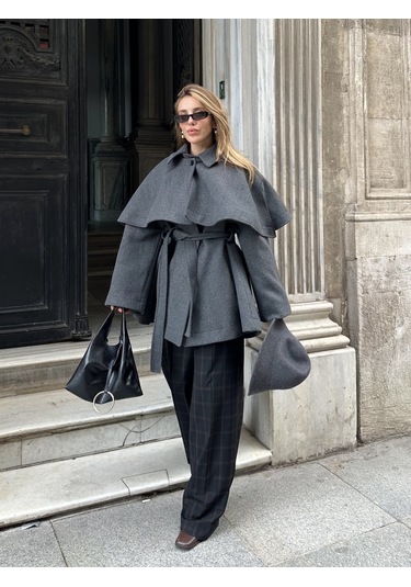 Antrasit Livia Pelerin Detaylı Kaşe Kaban Antrasit