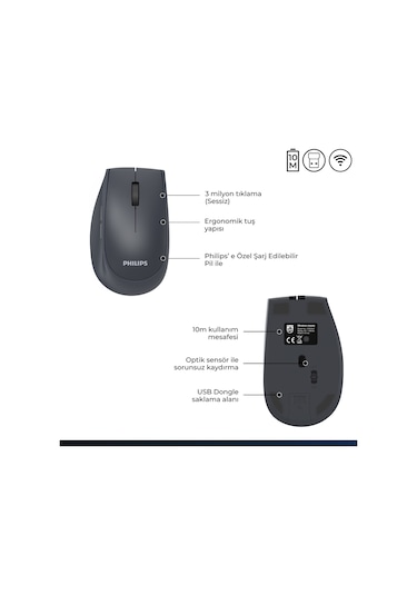 Philips SPK7627 Kablosuz Bluetooth Dual Mod 1600DPI 5 Tuşlu Sessiz Optik Mouse