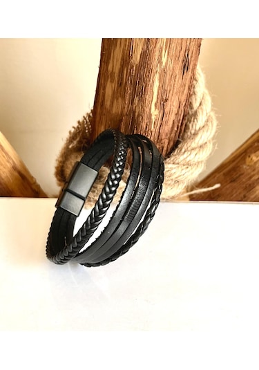 Hakiki Deri 5li Siyah Erkek Bileklik 21 Cm Türk El Üretimi Siyah