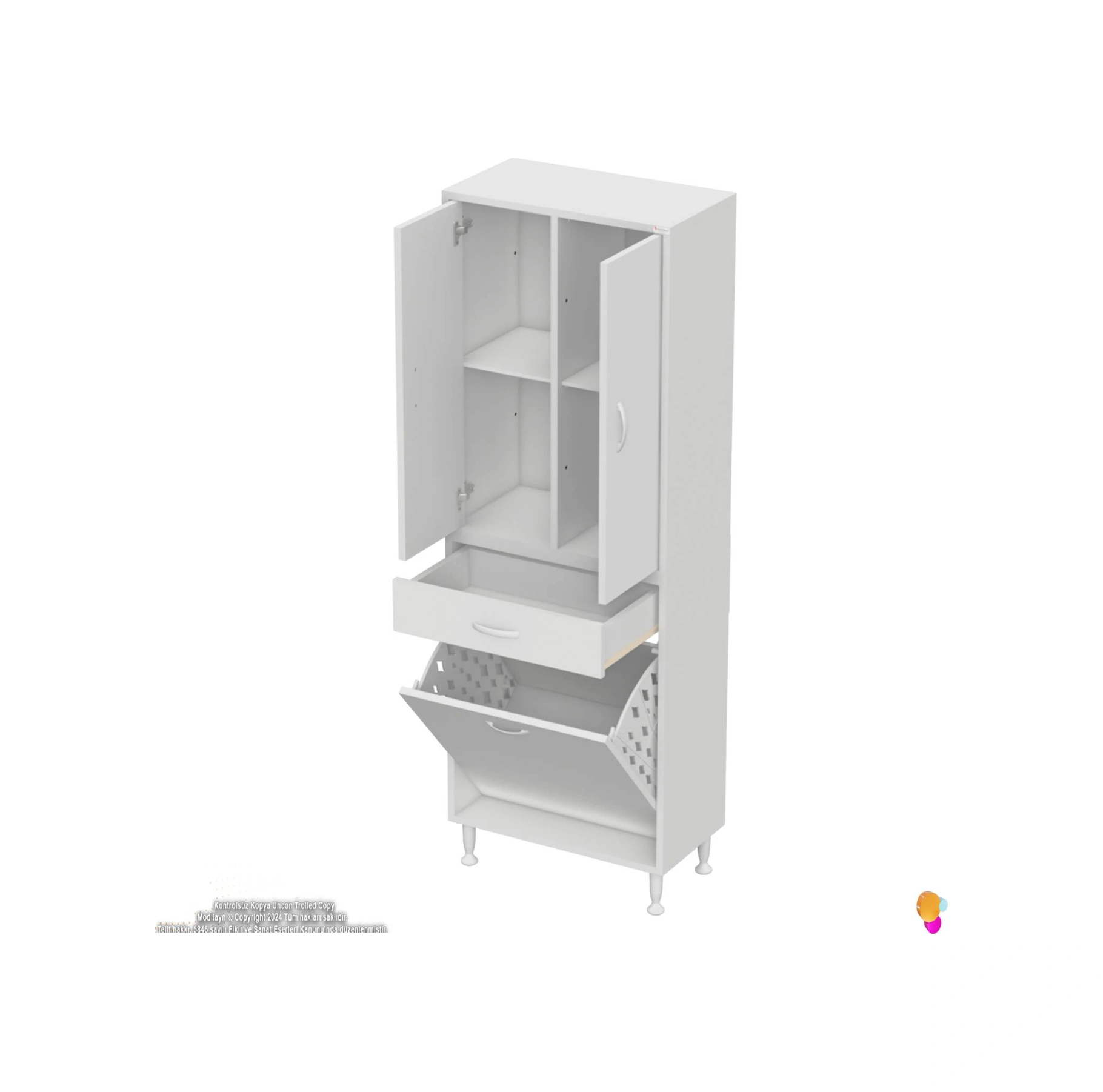 Yeni Kayra Tek Çekmece, 1 Göz Sepet, 2 Kapak, 4 Raf Dar Alan Banyo Dolabı 60x173x32,5 Cm Beyaz