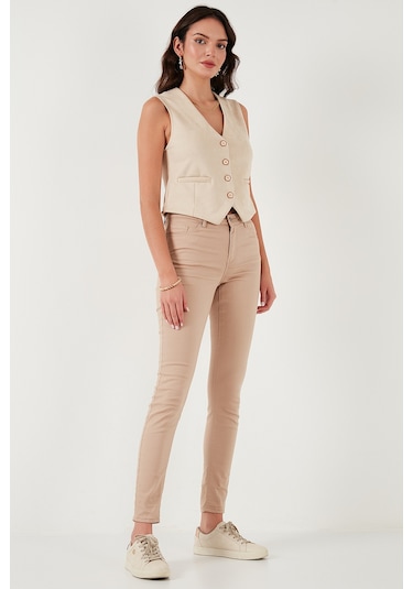 Lela Fitted Scuba Süet V Yaka Düğmeli Bayan Yelek 5865576 Taş